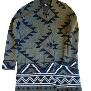 FRYE Cozy Aztec Southwestern Jacquard Open Cardigan Olive/Black Size S
